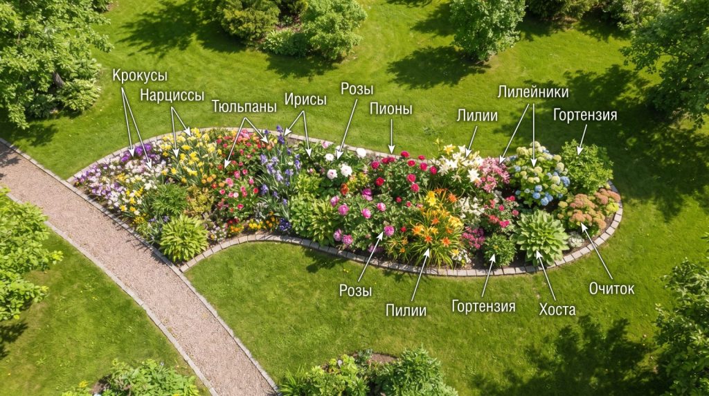 Клумба непрерывного цветения вдоль дорожки