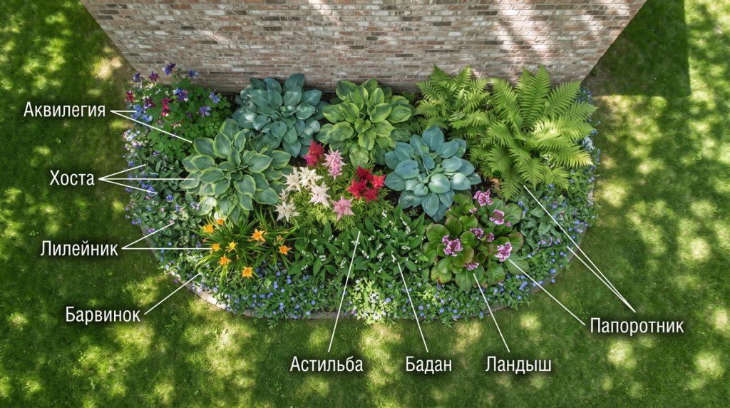 Клумба непрерывного цветения в тени