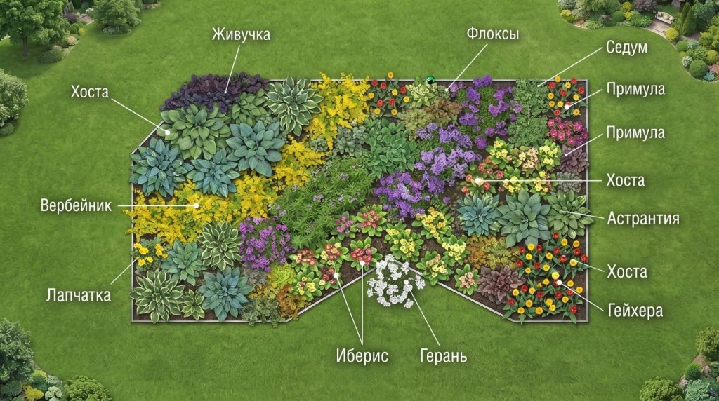 Клумба постоянного цветения из неприхотливых многолетников