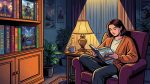 Девушка читает книгу в жанре бояръ-аниме в кресле рядом с книжной полкой