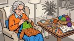 Пожилая женщина вяжет крючком, на столе лежат крючки и клубки пряжи