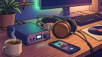 Китайские ЦАП: настольный ЦАП-усилитель, наушники и смартфон на столе