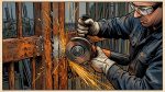 Мастер режет болгаркой ржавую металлическую раму, летят искры