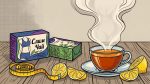 Чай для похудения: пачки слим-чая, чашка с чаем, лимон и сантиметровая лента