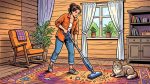 Девушка убирает электровеником ковёр в деревянном доме, рядом сидит кот