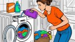 Женщина заливает гель для стирки в лоток стиральной машины