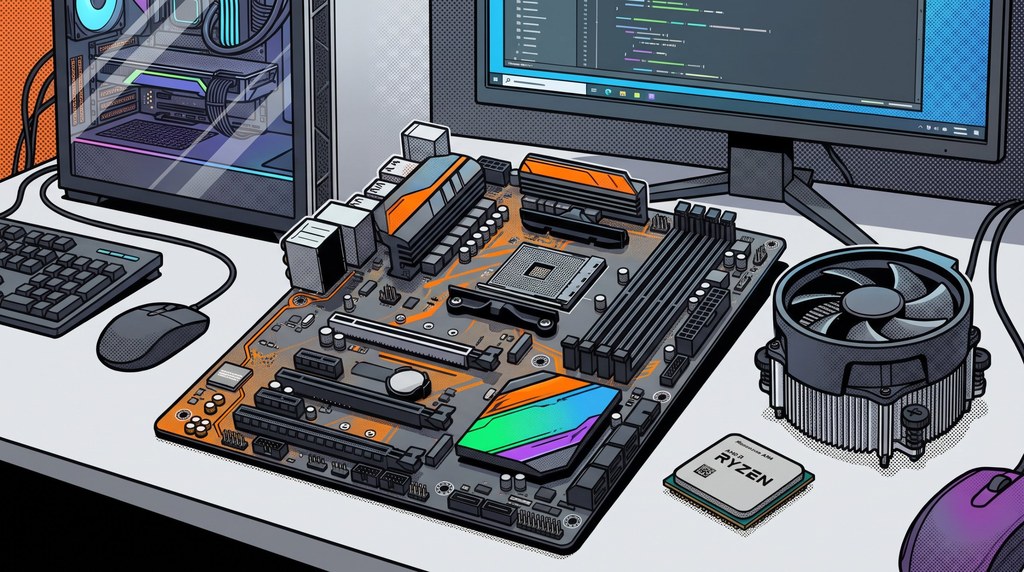 Материнская плата AM4 и процессор Ryzen на рабочем столе
