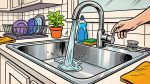 Мойка из нержавеющей стали на кухне: струя воды из крана, губка и сушилка с посудой