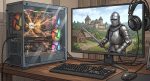 Игровой компьютер с процессором CPU и монитор с игровой сценой