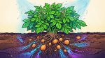 Куст картофеля с цветами и клубнями в разрезе почвы, подкормка удобрениями