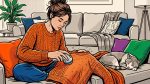 Девушка убирает катышки со свитера машинкой для удаления катышков