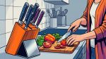 Набор кухонных ножей в блоке и нарезка овощей на разделочной доске