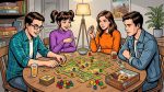 Компания друзей играет в настольную игру за столом