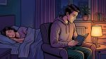 Лучшие ночники: мужчина читает при тёплом свете лампы, пока рядом спит женщина