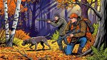 Два охотника с ружьём и карабином и собака в осеннем лесу