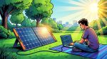 Портативная солнечная панель заряжает ноутбук в парке