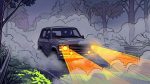 Внедорожник с включёнными противотуманными фарами на туманной дороге