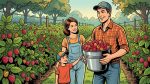 Семья собирает урожай малины: красные и жёлтые ягоды в ведре