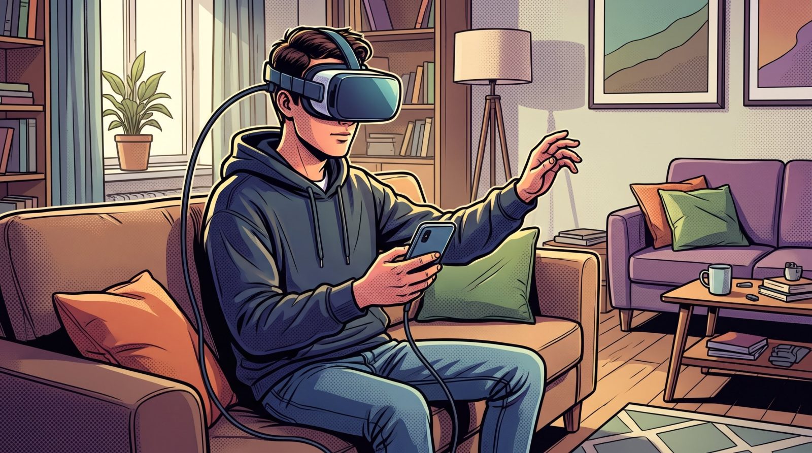 Человек в VR-очках на диване держит смартфон